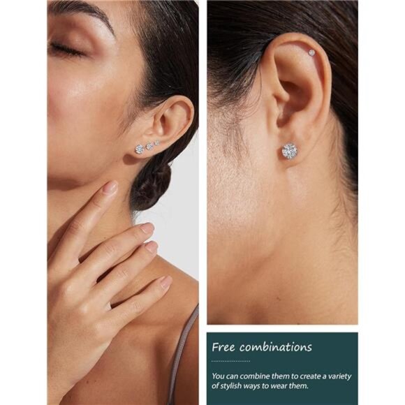 6 Pairs Stud Earrings Set, Hypoallergenic Cubic Zirconia 316L Earrings Stainless - Picture 3 of 7